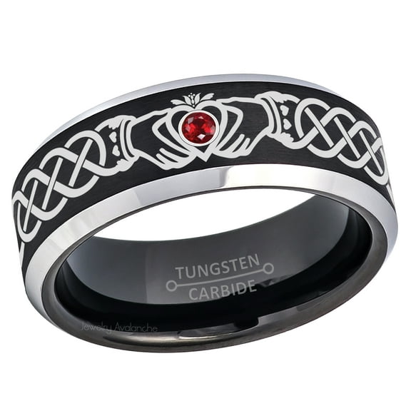 Claddagh Tungsten Ring - 2-Tone Mens Beveled Tungsten Carbide Wedding Band - 0.07ct Ruby Tungsten Ring - Personalized Tungsten Wedding Ring - Custom Made July Birthstone Ring TN667CLDs7