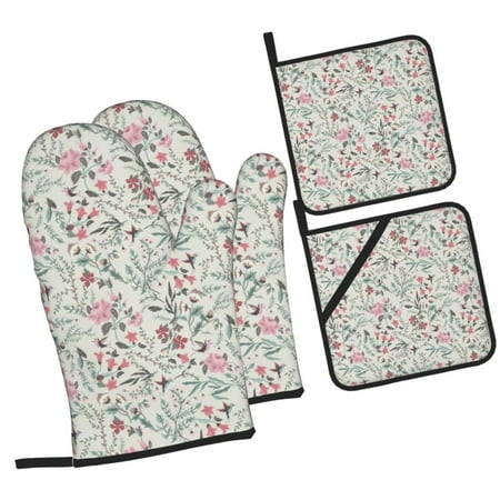 

Tebeau Fairy Floral Print 4 Pcs Oven Mitts and Pot Holders 500°F High Heat Resistant Kitchen Oven Mitts with Pot holders Long Oven Mitts for Baking and Cooking