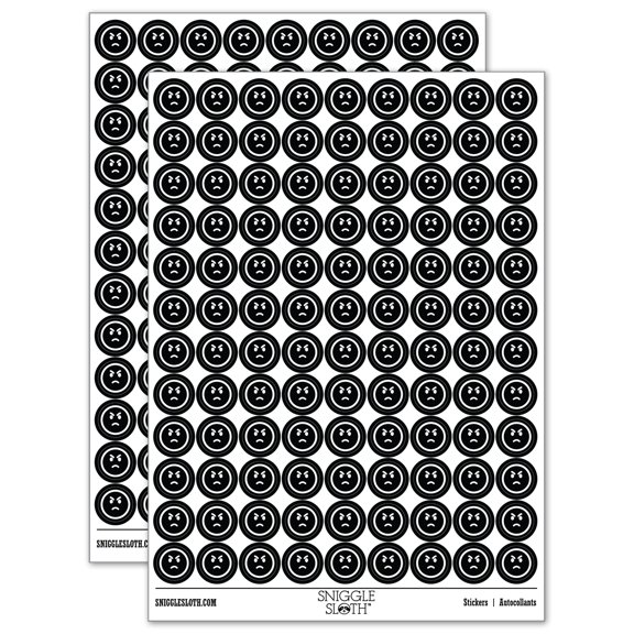 Angry Mad Face Emoticon 200  Round Stickers - Black - Gloss Finish - 0.50" Size