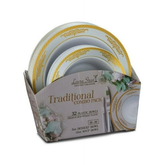 Traditional Tableware Set of 32 White Bowls w/Gold Border