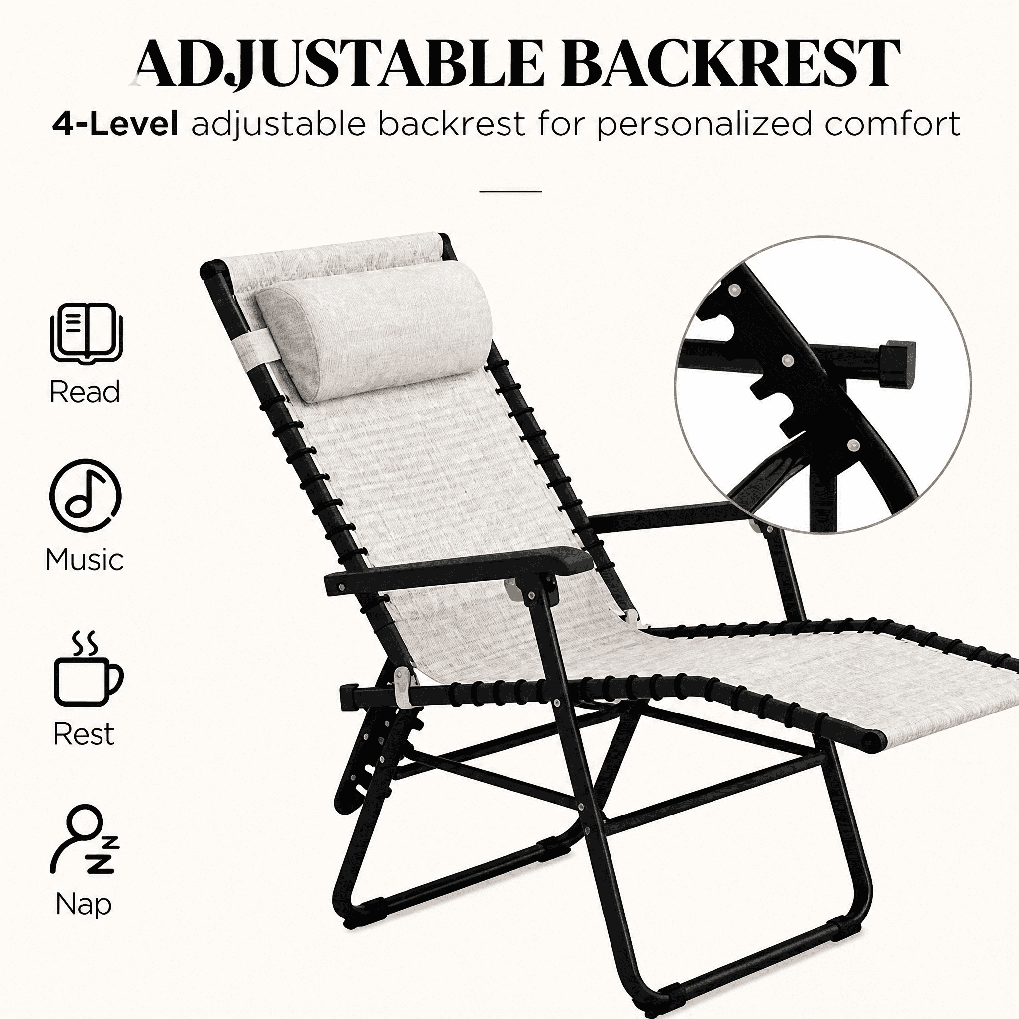 2-Pack Outdoor Folding Chaise Lounge Chairs 4-Position Backrest & 2-Position Footrest Cream White Mesh Reclining Loungers with Steel Frame for Pool Beach Camping
