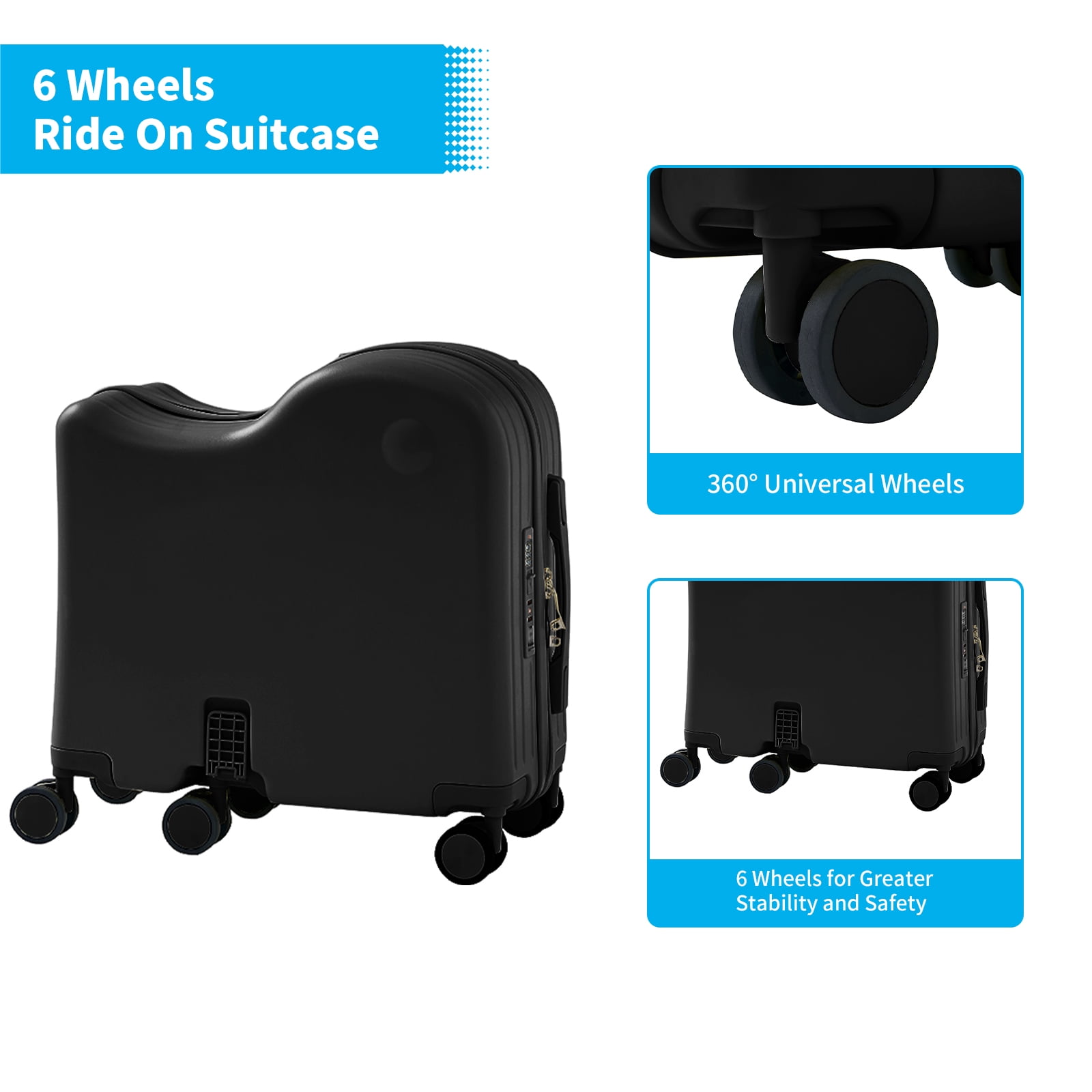 TABU Kids Ride on Luggage with Handbag, Hardshell Suitcase with 6-Spinner Wheels,Hidden Cup Holder,Foldable Pedal,Black