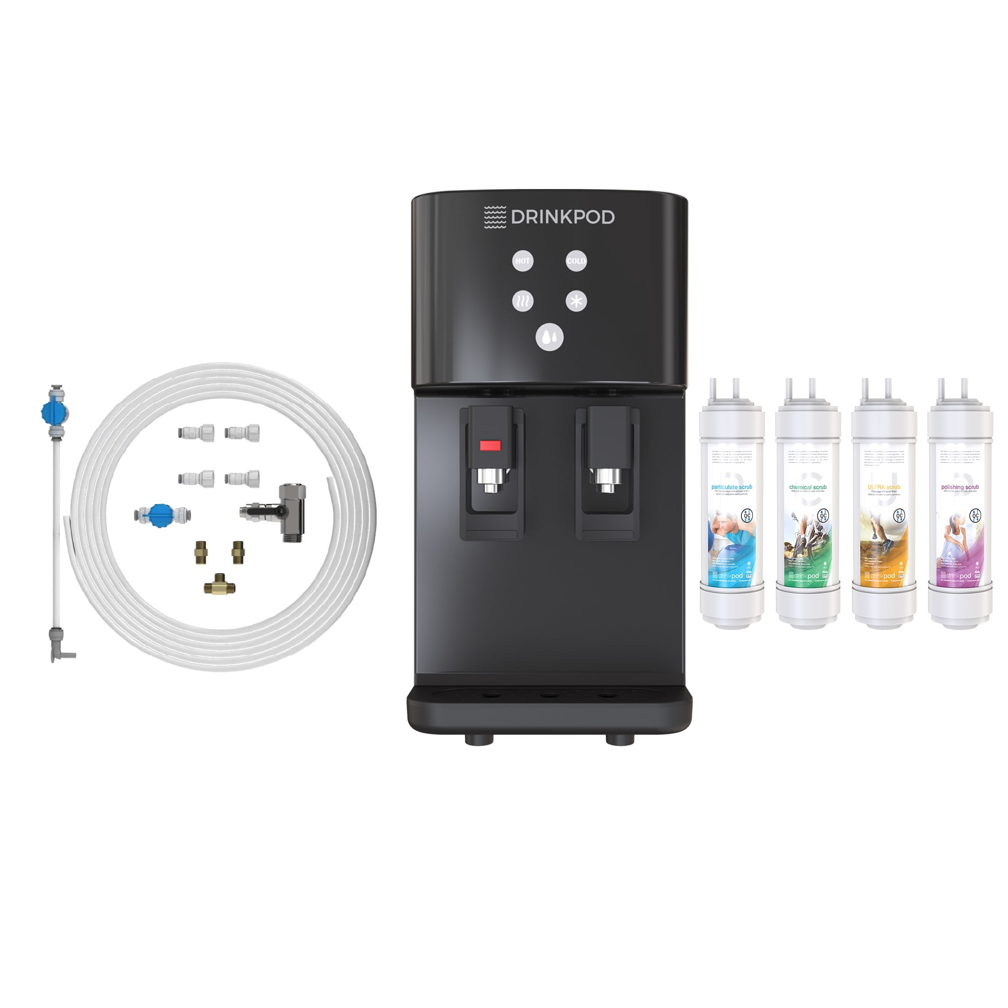 Drinkpod 2000 Series Touchless Bottleless Hot & Cold Water Cooler Dispenser with 4 Stage Purification, Complete Installation Kit & Cafe Connect; Black