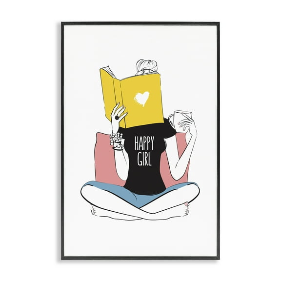 Stupell Industries Happy Reader Girl Novelty Painting Black Framed Art Print Wall Art, 12 x 18