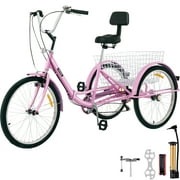 VEVOR Foldable Adult Tricycle 26" 7-Speed 3 Wheel Bikes with Basket Three Wheel Bike for Adults Adult Trike Adult Folding Tricycle Foldable Adult Tricycle 3 Wheel Bike Trike for Adults,Pink