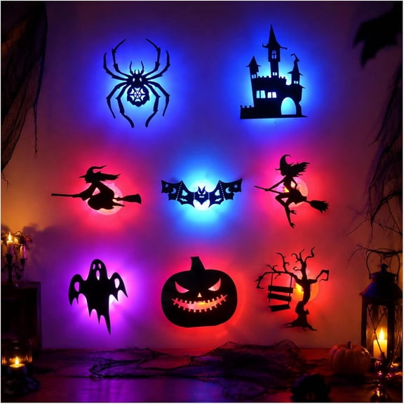 Halloween LED Silhouette Wall Light Stickers, Spooky Bats Ghosts Witch Window Decorations for Indoor, Door, Wall and Home(RL)