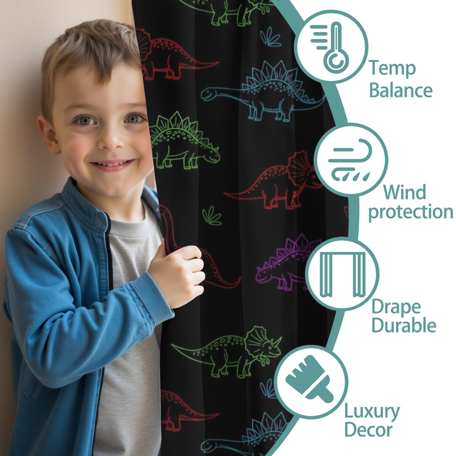 Blackout Kids Curtains,Neon Outline Dinosaurs Childrens Insulated Curtains Set Of 2,Bedroom Essentials,Toddler Room Decor 52"x63"