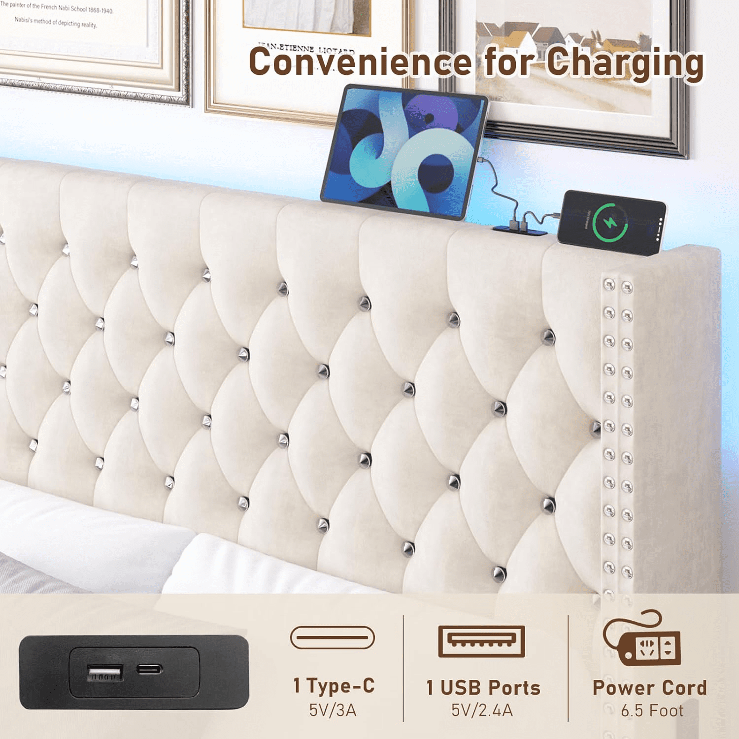Blotout- Queen LED Upholstered Bed Frame with Wingback Headboard, Velvet Diamond Button Tufted Bed Frame USB & Type-C Ports and Side Pockets, Wood Slats Support, No Box Spring Needed