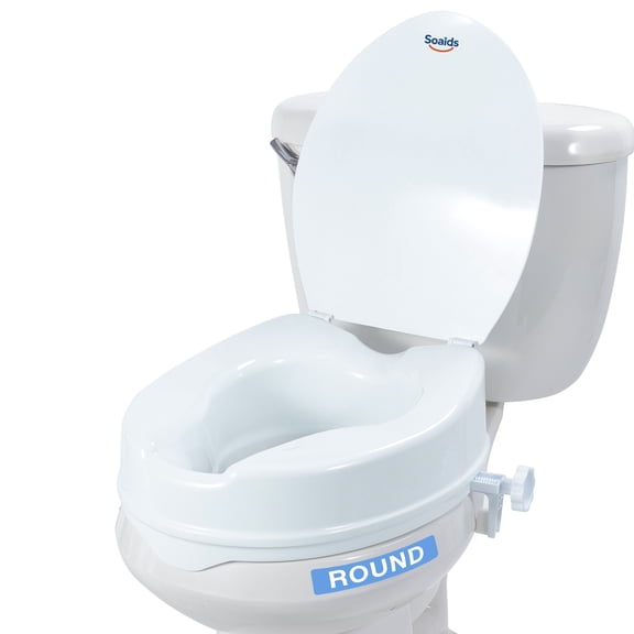 Soaids 4" Raised Toilet Seat with Lid for Seniors, Fits Standard Round Toilet, Locking with Tightening Clamps, Supports 300 lbs