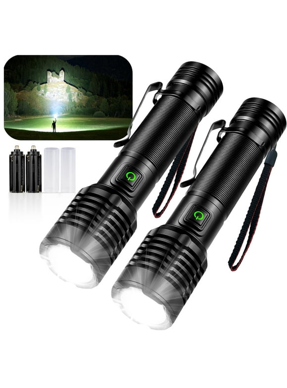 Rioicc 2-Pack Powerful LED Flashlight ,20000 High Lumens 3 Modes Waterproof Super Bright XHP50 Bulb Flashlights, Zoomable Torch for Emergency Hiking Hunting Camping(NO BATTERY), Black
