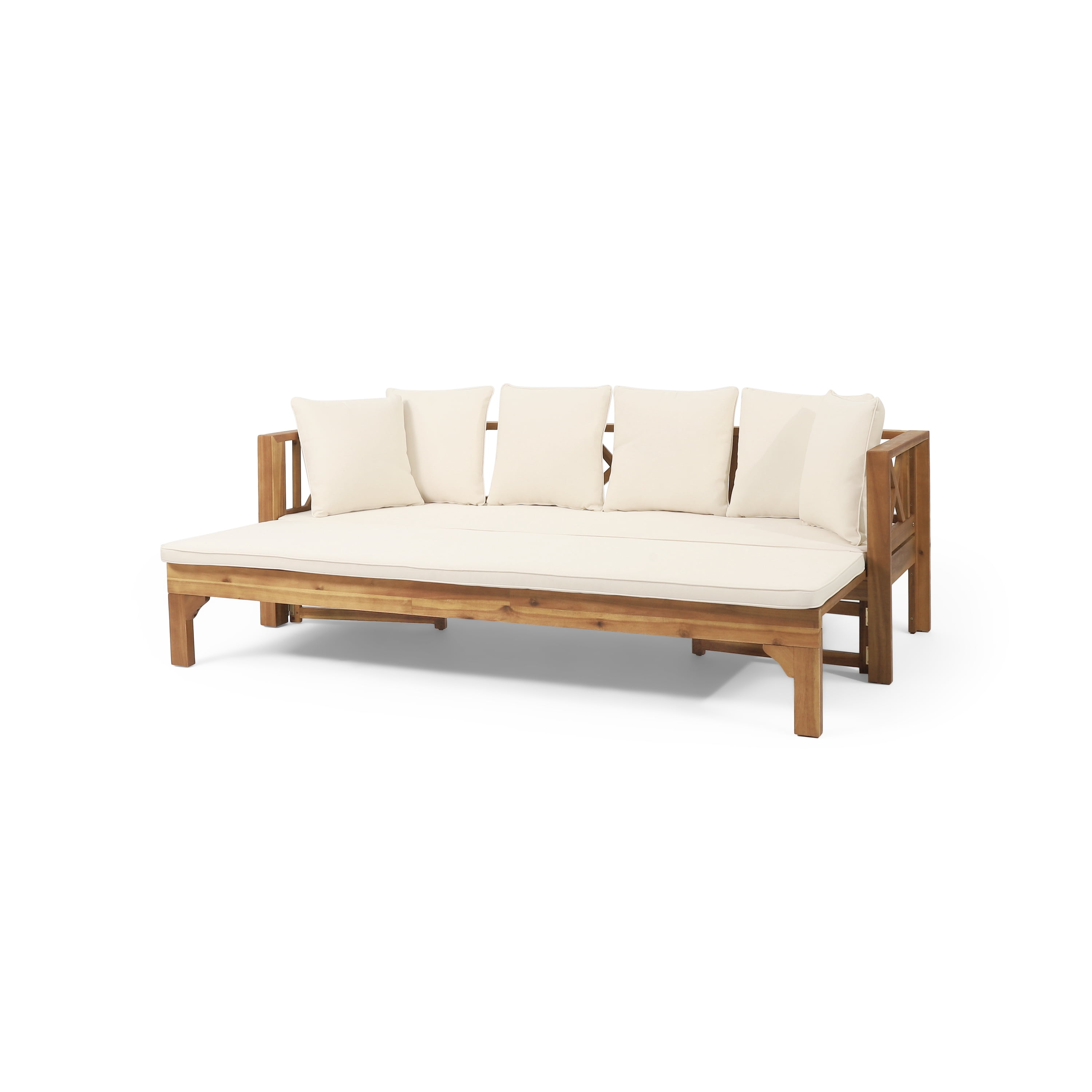 Outdoor 3 Seater Sofa Daybed, Extendable Acacia Wood Leisure Seat for Patio Garden Yard, Teak and Beige