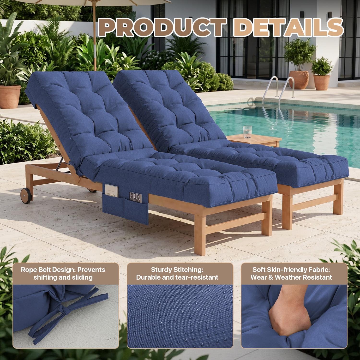 BaPiPro Navy Blue 2-Pack Outdoor Chaise Lounge Cushion with Side Pocket, Triple Non-Slip Fixation, All-Weather Durable & Soft Fabric, Thickened Padding, Ideal for Patio and Poolside Use