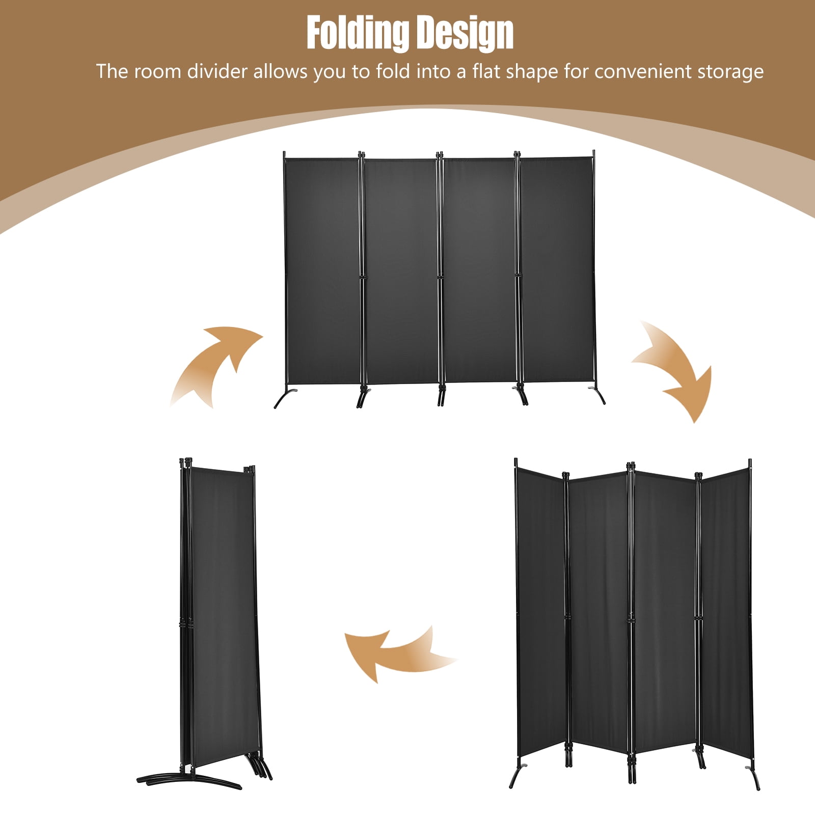 Patiojoy 5.6Ft Tall Folding Room Divider Freestanding 4-Panel Privacy Screen w/Iron Frame Black
