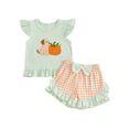 thumbnail image 4 of Zaveiop Toddler Baby Girl Halloween Outfit Little Baby Girls Summer Fall Clothes Ghost Pumpkin Embroidered Flying Sleeve Ruffled Hem Shirt Tops and Plaid Shorts 2 Piece Set Size 4-5 Years, 4 of 4