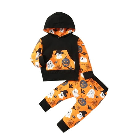 

Diconna Halloween Clothes For Newborns Cute Halloween Print Long Sleeve Hooded Pullover Tops With Pocket Long Pants Clothing Sets