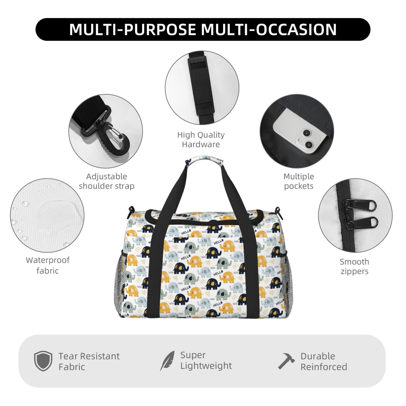 Fuzoiu Cute Elephant Print Travel Duffle Bag,Carry On Tote Bags,Duffel Bag,Sport Gym Bag, Hospital Bag for Labor and Delivery, Overnight Bag,Luggage Bag