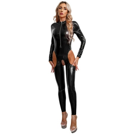 YONGHS Women s Metallic Leather Bodysuit Hollow Out Jumpsuit Front Zipper Long Sleeves Full Catsuits Black M