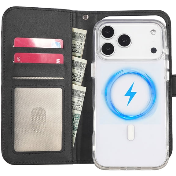 Nakedcellphone Case and Wallet Combo for iPhone 17 Pro, Clear Cover (Compatible with MagSafe) and Magnetic Folio RFID Credit Card Holder - Black Leather