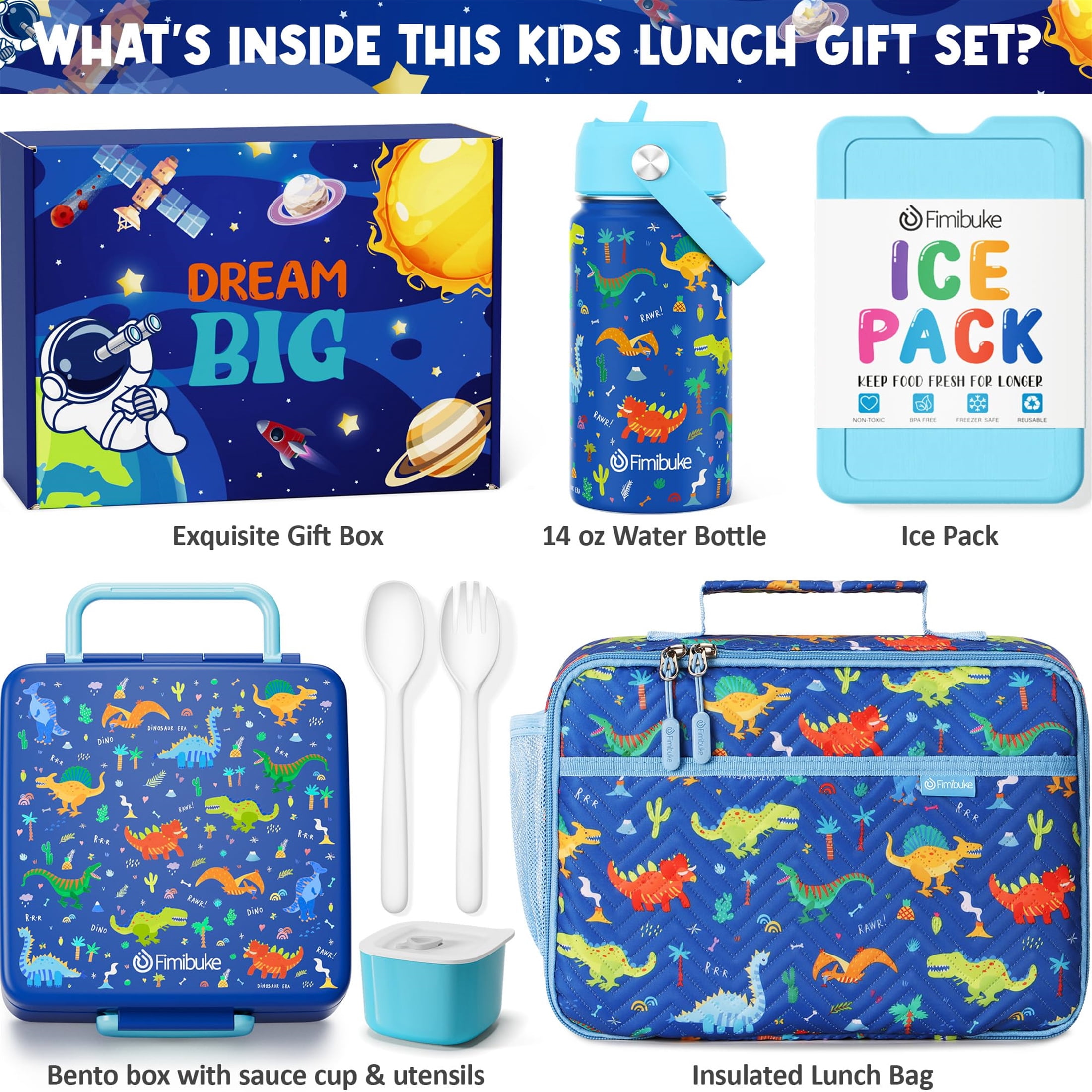 Bento Lunch Box with 4 Compartments, Insulated lunch Bag, 14oz Stainless Steel Water Bottle, Ice Pack, Utensils Set (Blue Dinosaur])