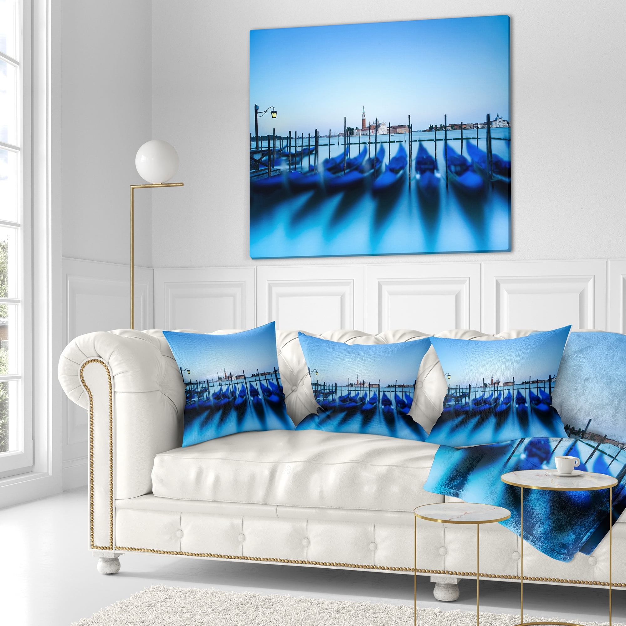 Designart Venice Gondolas at Blue Sunset - Seashore Throw Pillow - 18x18