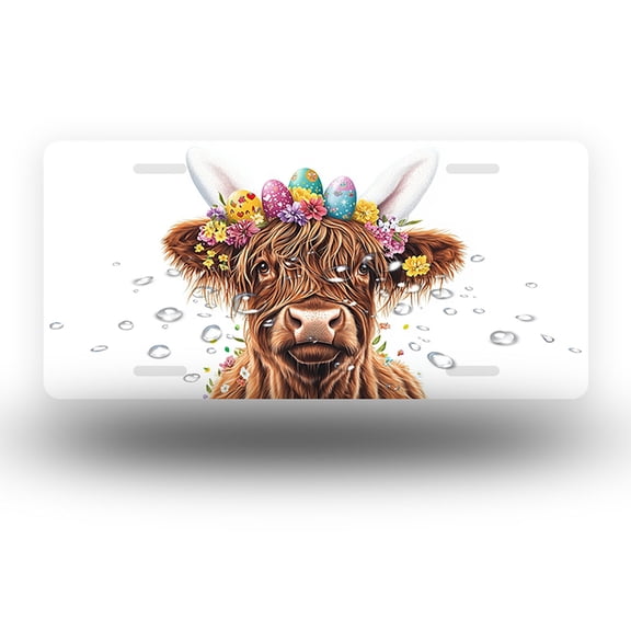 License Plate,Highland Cow with Easter Decor Decorative Front,Personalized Stainless Steel License Plate Cover For Men Women,12.2" X 6.2"