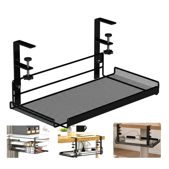 Under Desk Cable Management Tray - Cord Organizer Shelf for Router, Power Strip, and Small Storage, Black