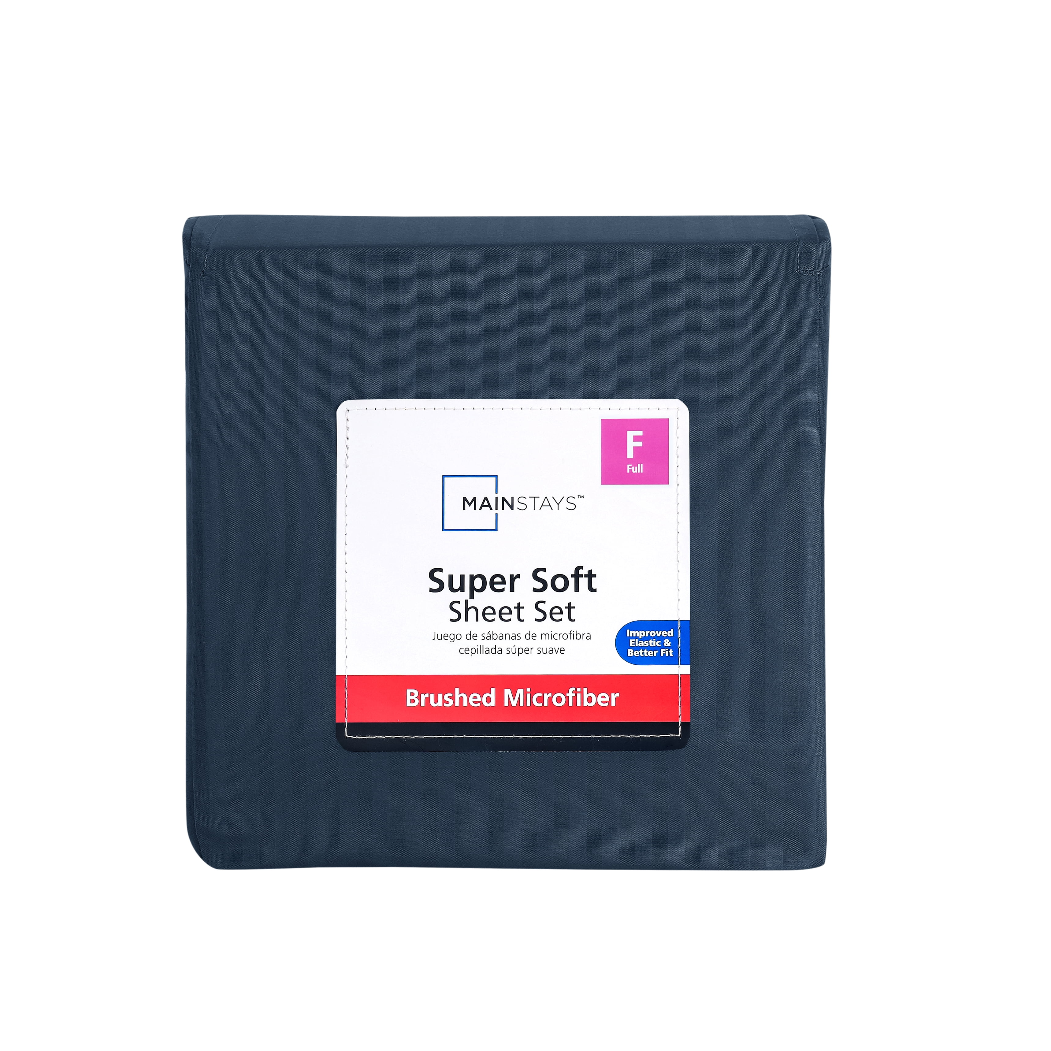 Mainstays Super Soft Brushed Microfiber Bed Sheet Set, Navy Blue Embossed Stripe, Full, 4 Piece