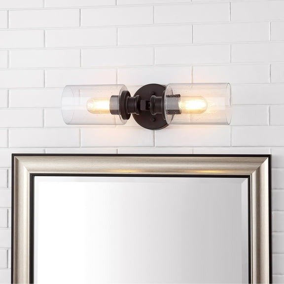 JONATHAN Y Jules Edison 16.5" Cylinder 2-Light Iron/Seeded Glass Farmhouse Contemporary LED Wall Sconce, Oil Rubbed Bronze