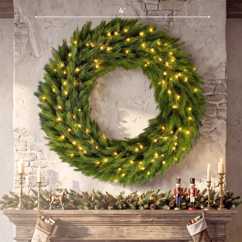 Alvantor Christmas Wreath Pre-Lit Norwegian Spruce with 150 LED Lights for Door 48"x48"x7" Green