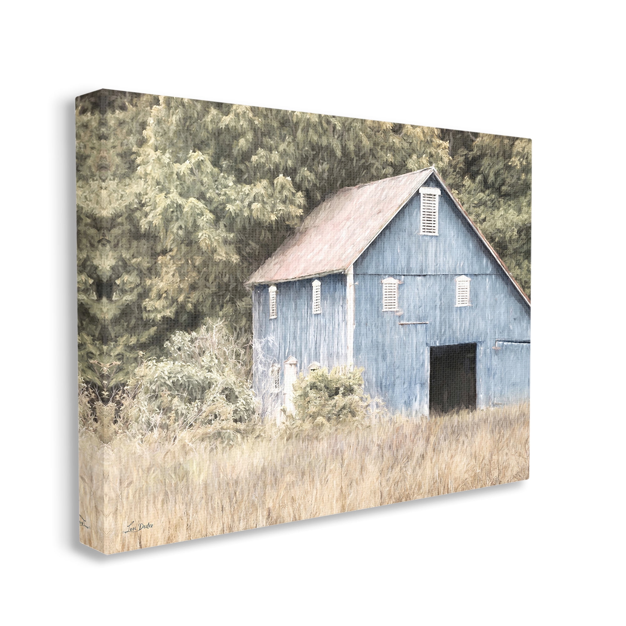 Stupell Industries Rustic Blue Barn Landscape Painting Gallery Wrapped Canvas Art Print Wall Art, 48 x 36