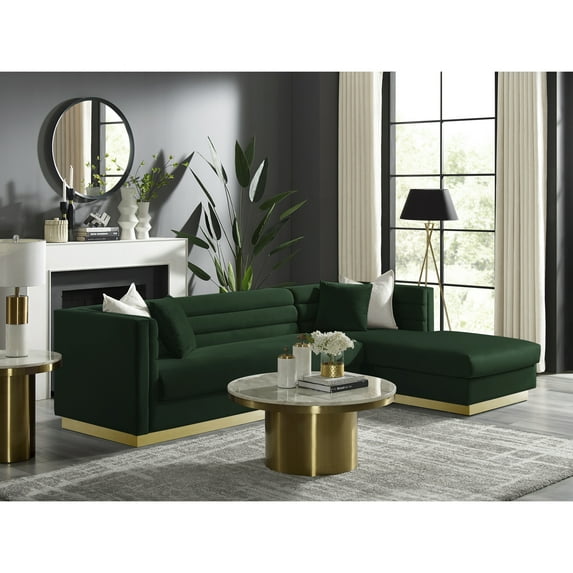 Inspired Home Anniston Velvet Upholstered Chaise Sectional Sofa w/ Gold Base, (Right), Hunter Green