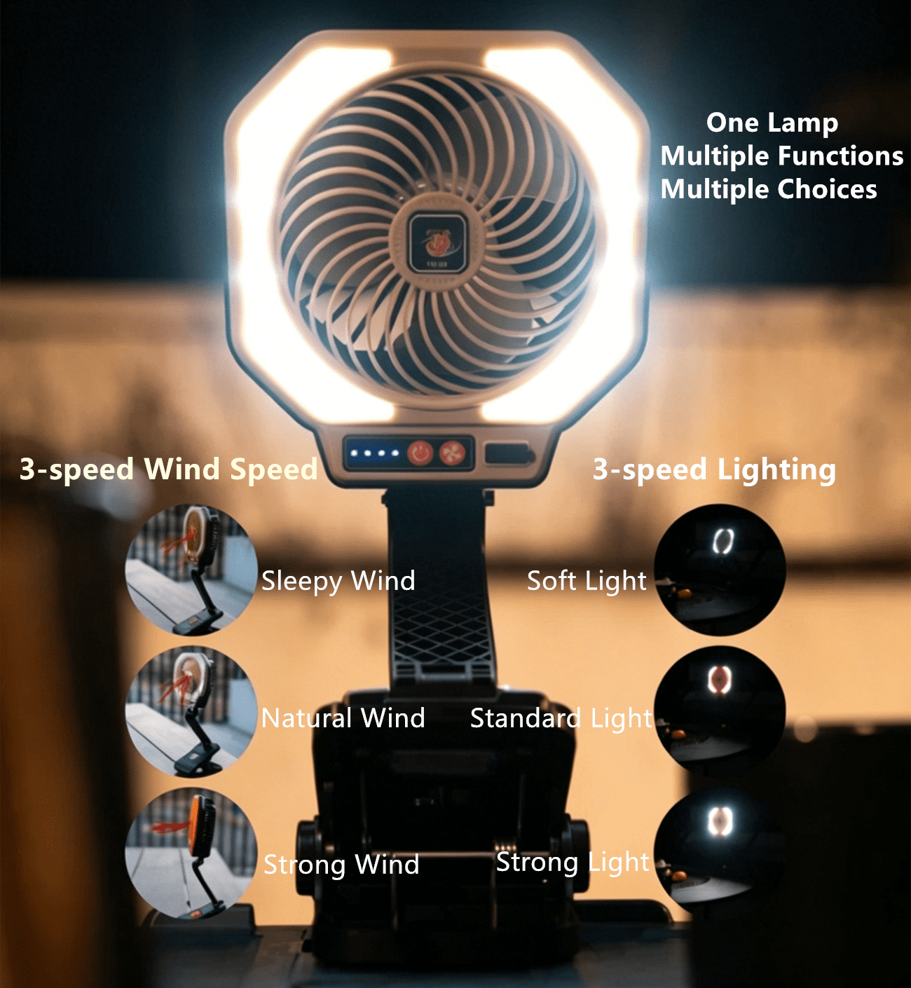 USB Rechargeable Camping Fan Portable Outdoor Foldable 3 Levels Tent Fan W/ LED Light