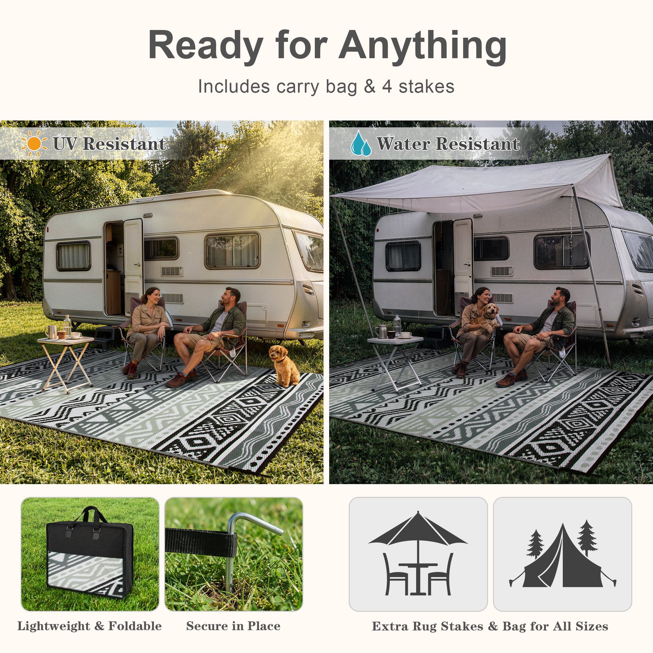 Moynesa Large Outdoor Rug Waterproof, 8'x10' Lightweight Plastic Straw Rug for Camping RV, Reversible Outside Carpet for Patio Deck Porch Balcony Picnic Tent, Black/Gray