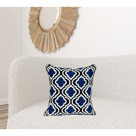 18" X 18" Blue And White 100% Cotton Geometric Zippered Pillow