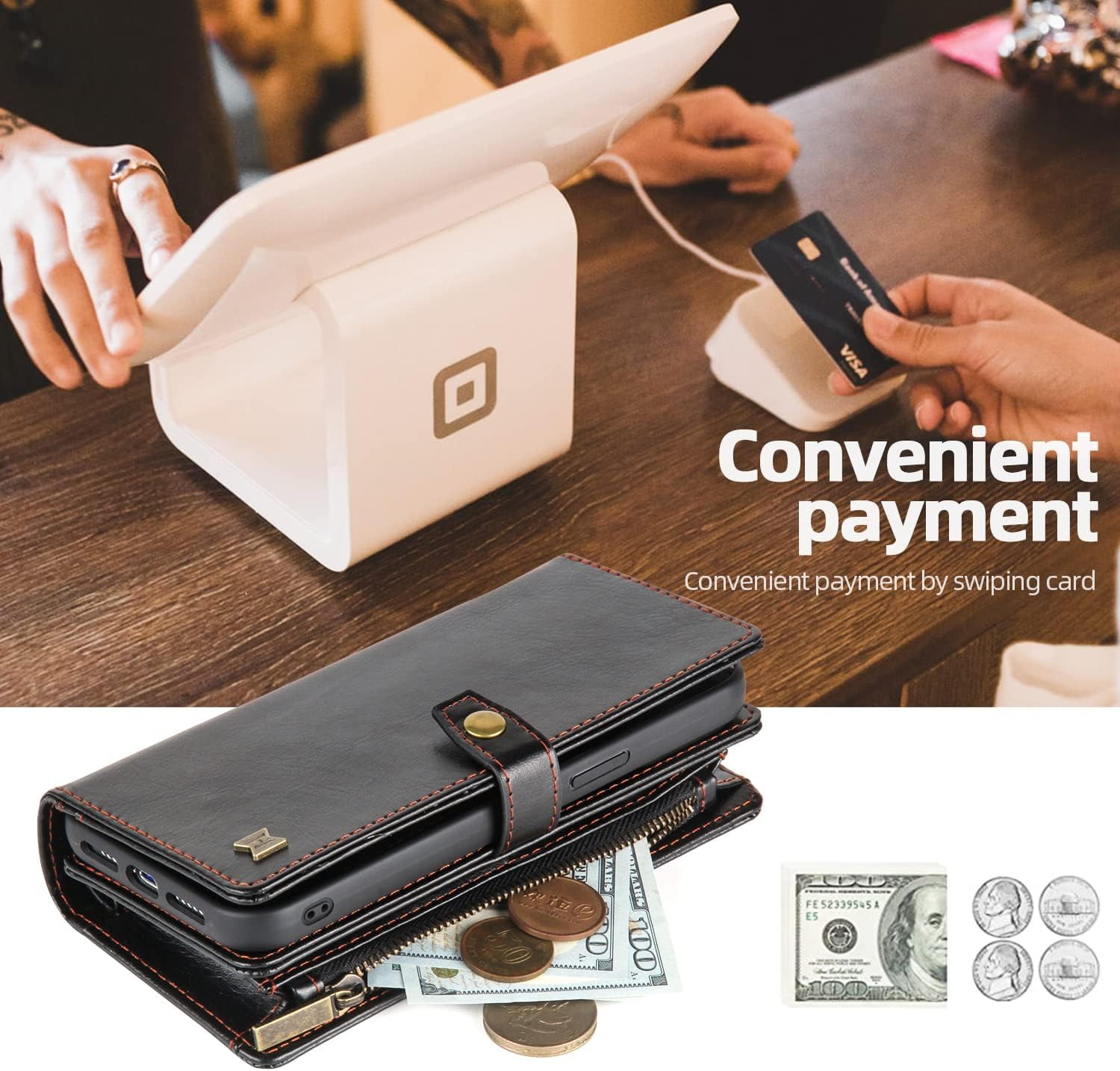 Phone Case Wallet Case Compatible for iPhone 15,iPhone 15 Multifunctional 2 in 1 Magnetic Case Wallet,Durable PU Leather Flip Lanyard Strap Wristlet Zipper Card Holder  for iPhone 15