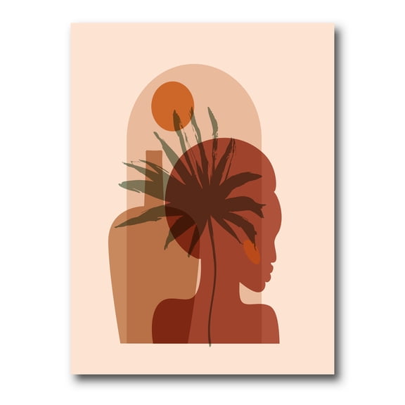 Abstract Pretty Girl Portrait and Tropical Palm Leaf 12 in x 8 in Painting Canvas Art Print, by Designart
