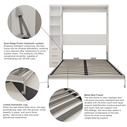 Queen Size Murphy Wall Bed with Single Side Cabinet, Invisible Automatic Bed Frame, Space Saving Home Furniture