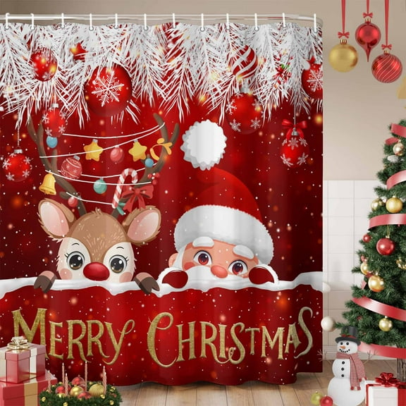 Red Christmas Shower Curtain, Santa Claus Deer Snowflake Pine Branches Ball Waterproof Fabric Shower Curtains with 12 Hooks, Bathroom Curtain Set for Bathroom Accessories Decor, 54 x 78Inches