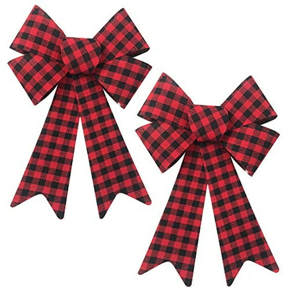 Happy Holidays 15 inch Christmas Decoration Bow - Buffalo Plaid Check - Great for Indoor, Outdoor, Tree, Decor, Crafts, Wrapping, Wreath (Set of 2) (Red and Black Buffalo Plaid)