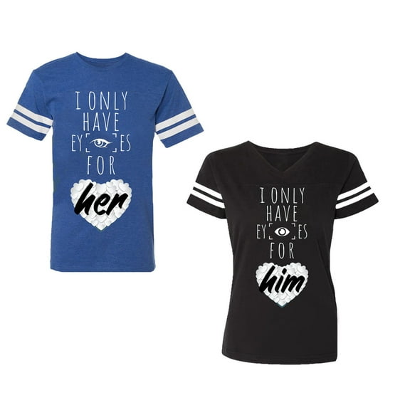 I Only Have Eyes For Him Her Unisex Couple Matching Cotton Jersey style T-Shirt Contrasting stripes on sleeves (Men Royal / Women Black) (Men S / Women S)