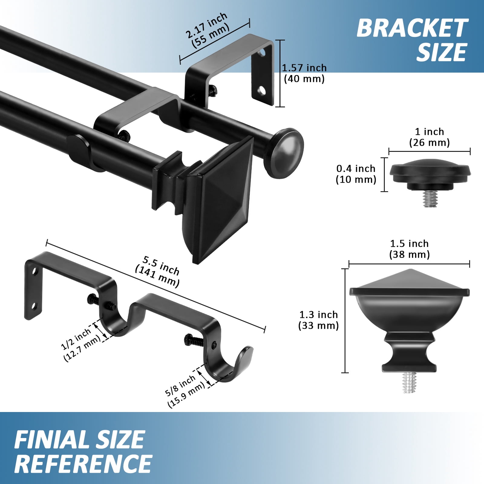 Urbanest Adjustable Double Curtain Rod Set Metal with Decorative Square Urn Finials, Heavy-Duty