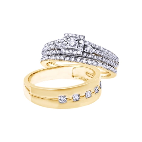 AFFY White Natural Diamond Cluster Wedding Trio Ring Set In 14k Yellow Gold (0.5 Cttw)