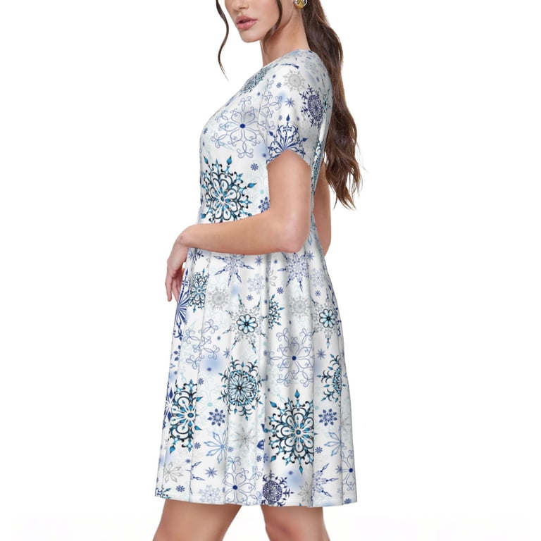 Kuqiui Retro ice blue snowflakes Print Women's Short Sleeve A-Line Dress with Pockets, Casual Crew Neck Knee-Length Dress for Daily Wear
