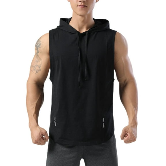 SWSMCLT Men's Workout Top Soft Quick Dry Loose Hooded Vest Fit Tank Top Running Summer Sleeveless Hoodies High Low Casual Fall Black Large