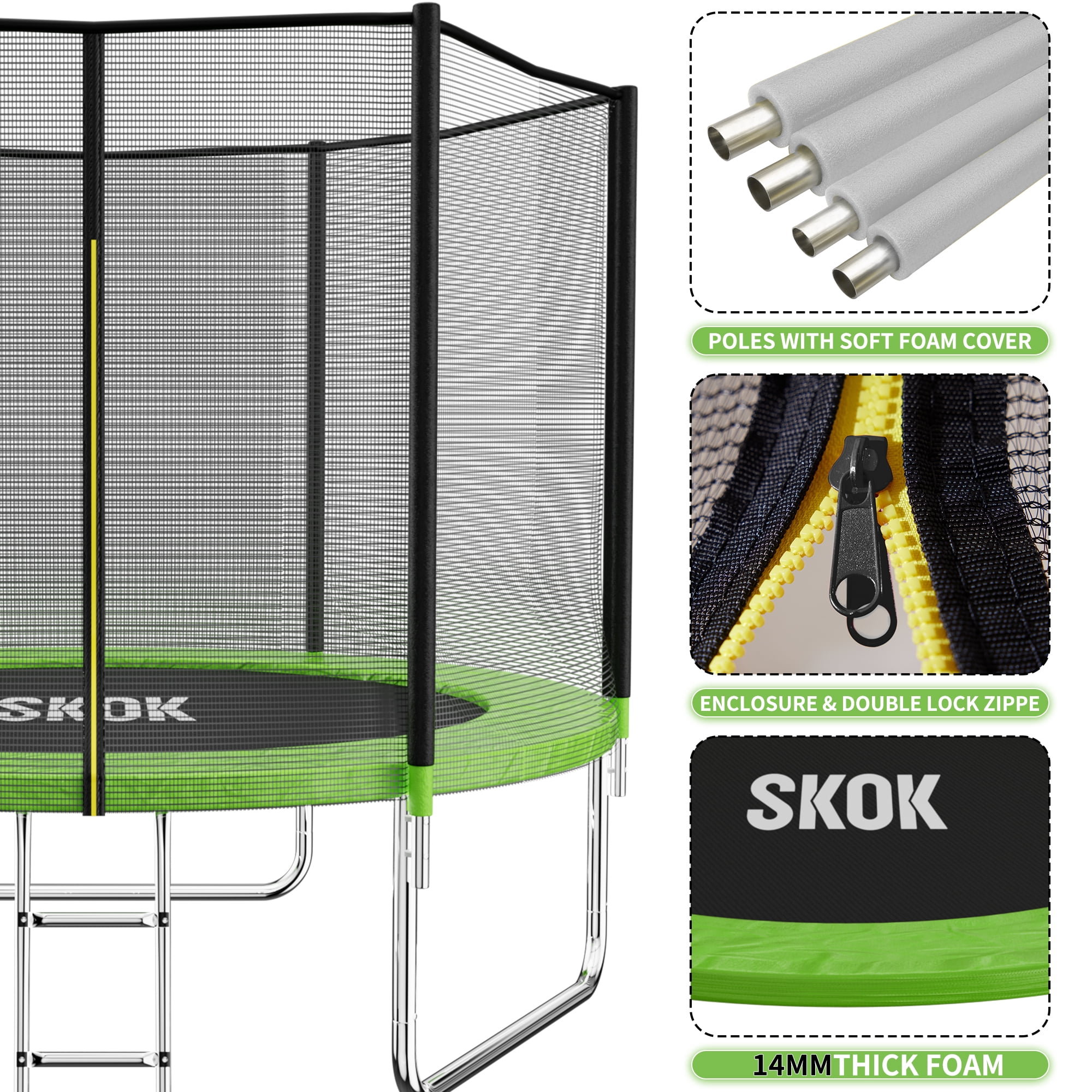 SKOK 12FT Trampoline for Adults & Kids with Safety Net & Heavy Duty Frame Green