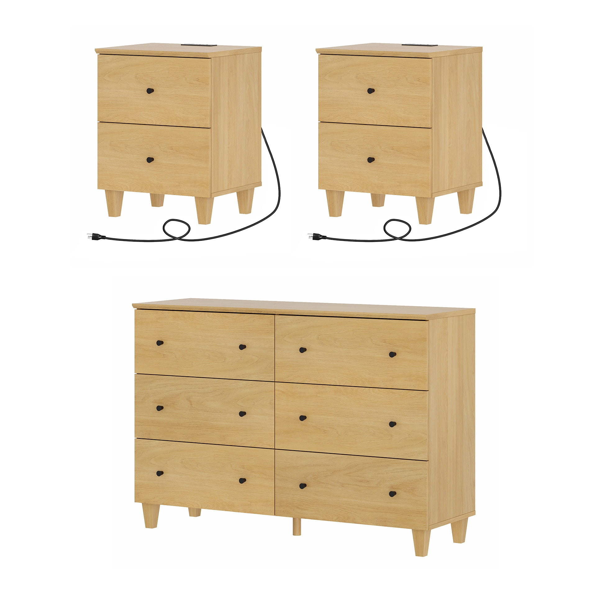 WAMPAT Dresser and Nightstands Set of 3, Wood Dresser with 6 Drawers, 2 Pieces Nightstands with Charging Stations for Living Room, Oak Wood