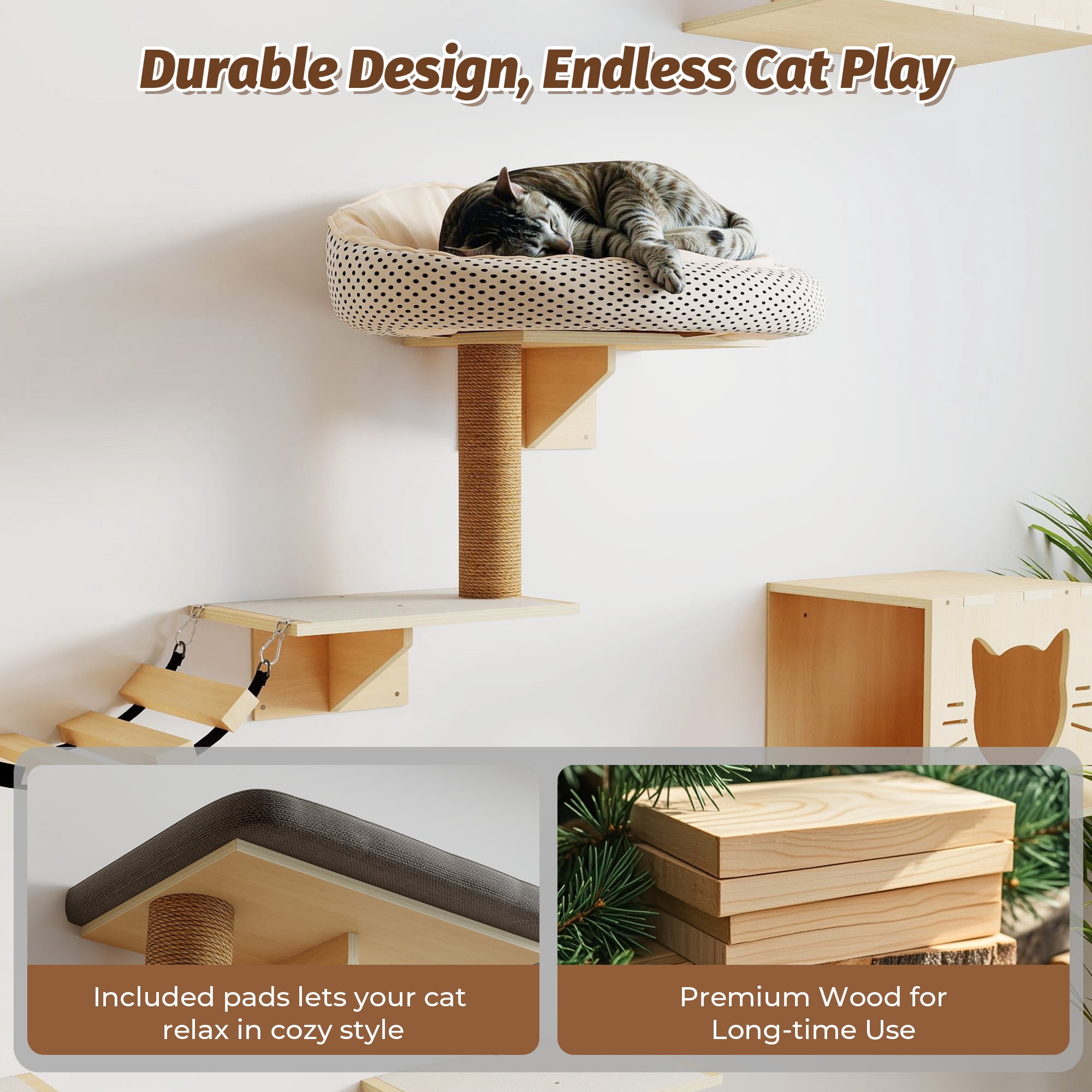 8-in-1 Wall Mounted Cat Shelves Set, Wall Cat Furniture with Scratching Post, Bridge, Condos & Perches for Small/Medium Cats