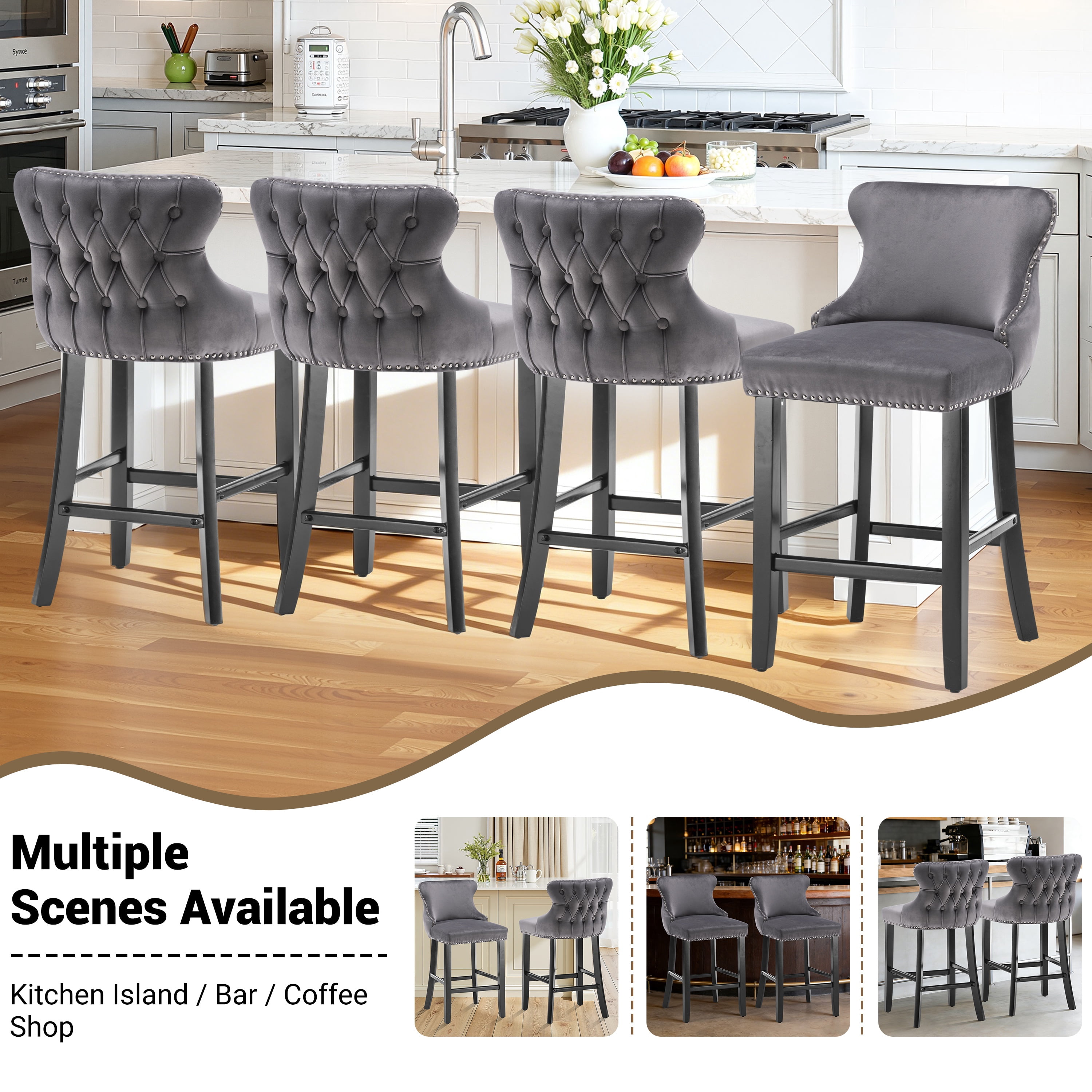 Bar Stool Set of 4, Legahome 26" Counter Height Bar Stools with Back, Velvet Upholstered Bar Stool with Button Tufted & Wooden Legs, Bar Stools Chair for 35-39" Kitchen Island Counter, Gray
