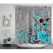 HVEST Farmhouse Shower Curtain Grey Rustic Plank and Teal Floral Bathroom Shower Curtain with Hooks Country Retro Polyester Waterproof Fabric Bath Decor Accessories 70x69 Inches