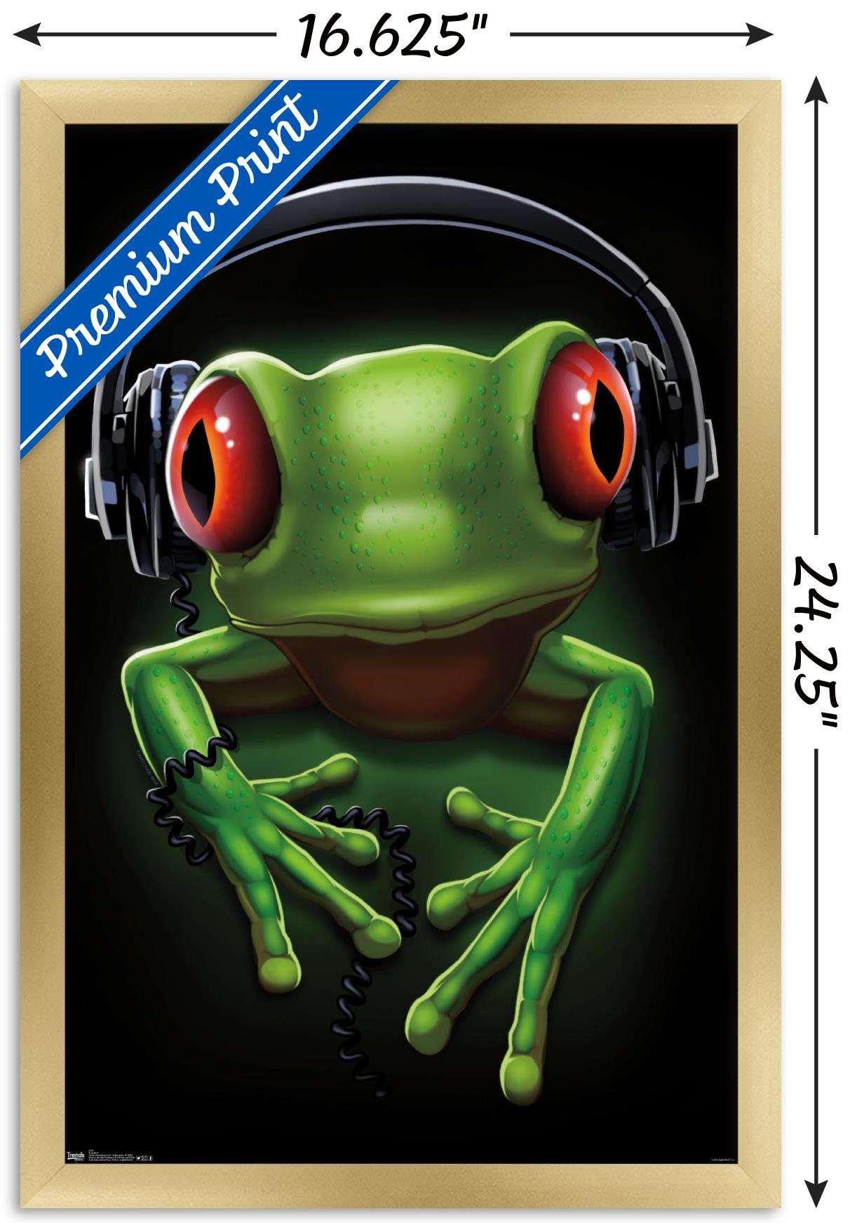 Frog - Headphones Wall Poster, 14.725" x 22.375", Framed